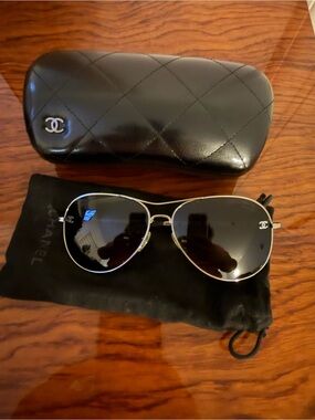CHANEL Silver Frame Black Lens Aviator Sunglasses